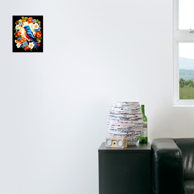 Cute Blue Bird Surrounded by Bold Vibrant Spring Flowers by BirdsnStuff